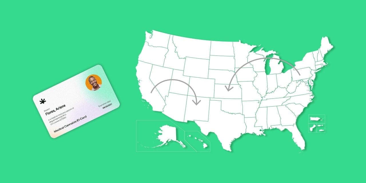 white blank map with arrows indication of transfer beside an MMJ card